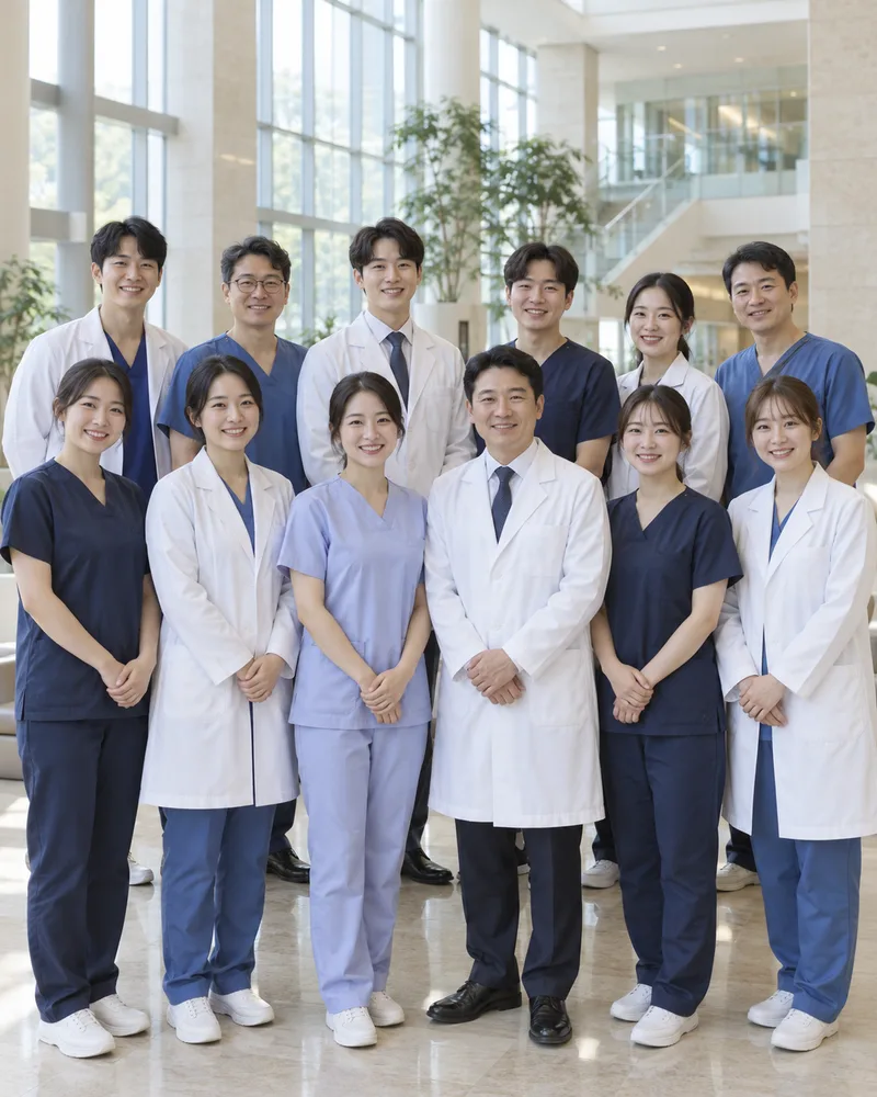 병원 로비에 모인 직원 단체 사진