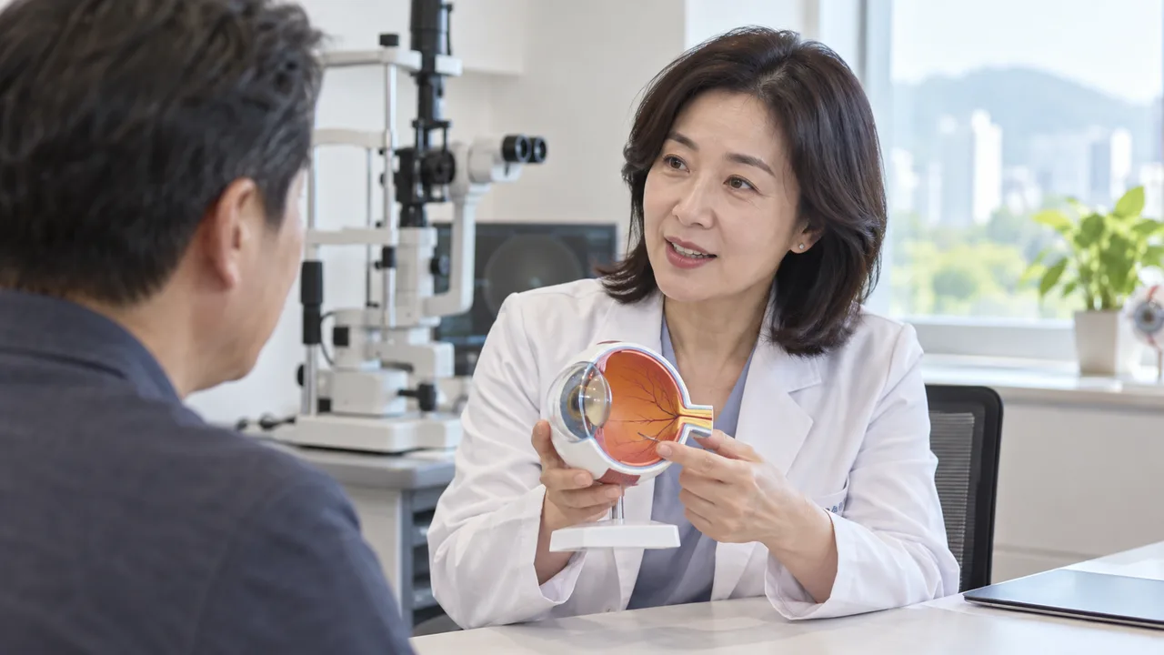 안과 전문의가 눈 모형으로 설명하는 상담 장면