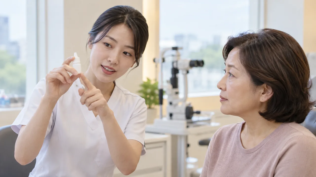 간호사가 안약 점안 방법을 알려주는 장면