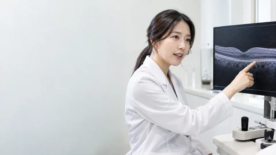 모니터를 가리키며 설명하는 의사