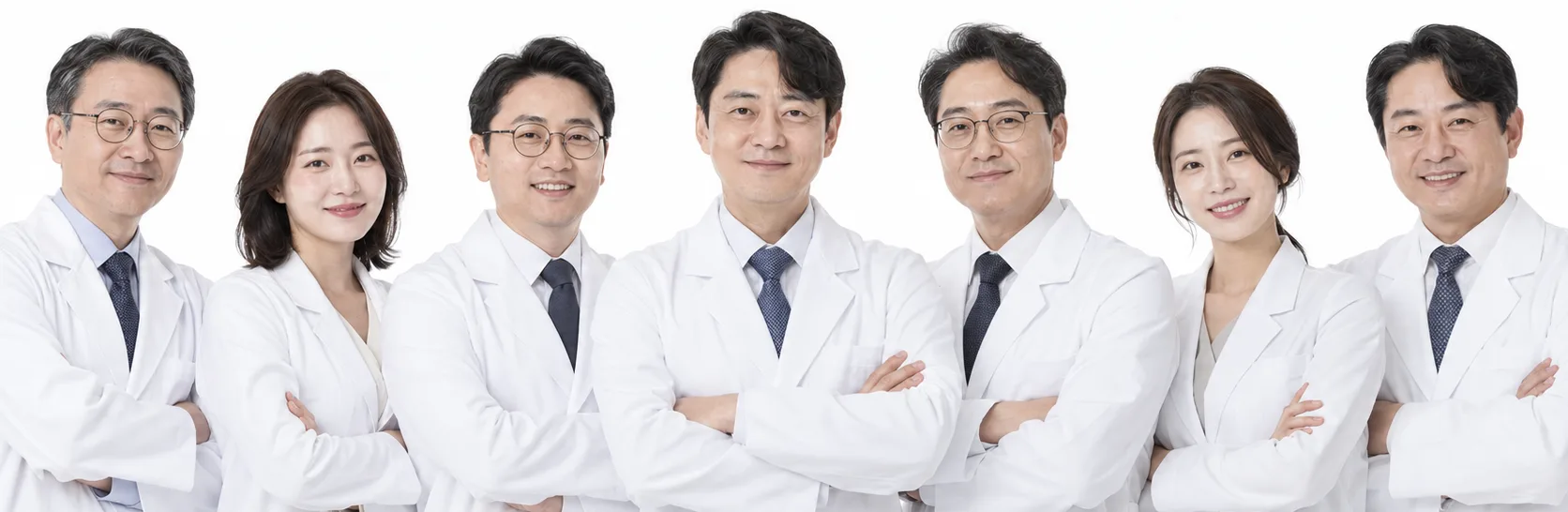 흰 가운을 입은 맑은눈안과 의료진 7명이 나란히 서 있는 단체 사진