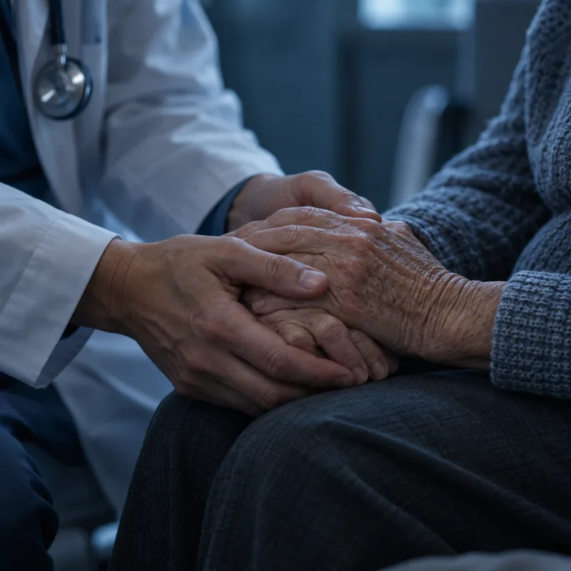 의사가 환자의 손을 감싸 쥔 모습