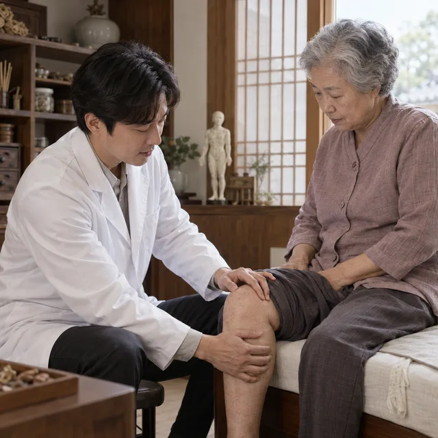 환자의 무릎을 촉진하며 설명하는 한의사