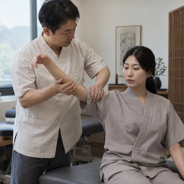 환자의 어깨를 도수치료하는 치료사