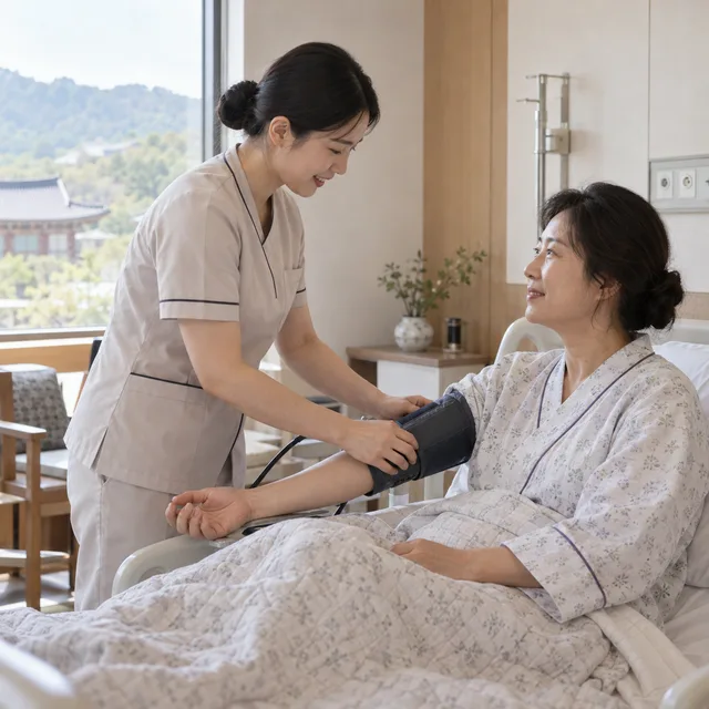 입원 병동에서 환자 상태를 확인하는 간호사