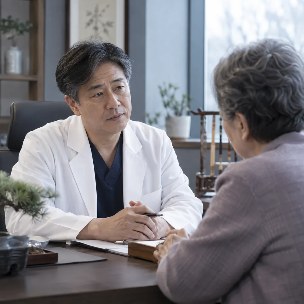 상담실에서 원장이 노년 환자의 이야기를 듣는 장면