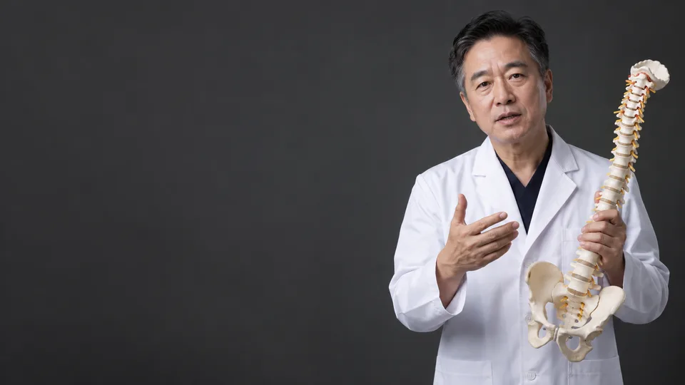 척추 모형을 든 한의사
