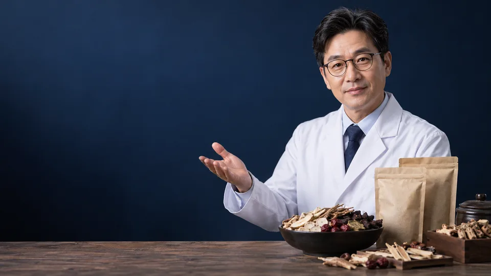 한약 파우치 앞에서 설명하는 한의사