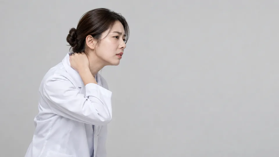 목 뒤를 짚으며 자세를 시연하는 한의사