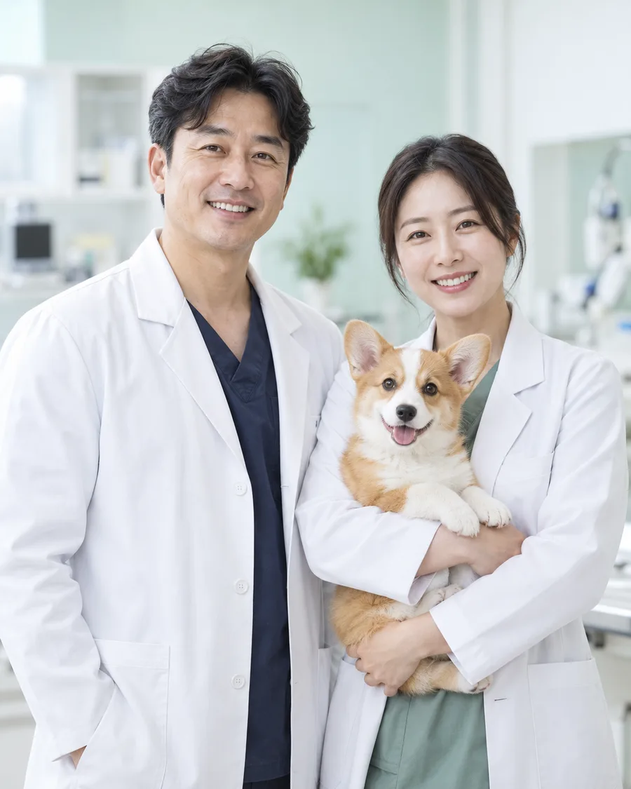 포근동물의료센터 대표원장 두 명이 웰시코기를 안고 진료실에서 미소 짓는 모습