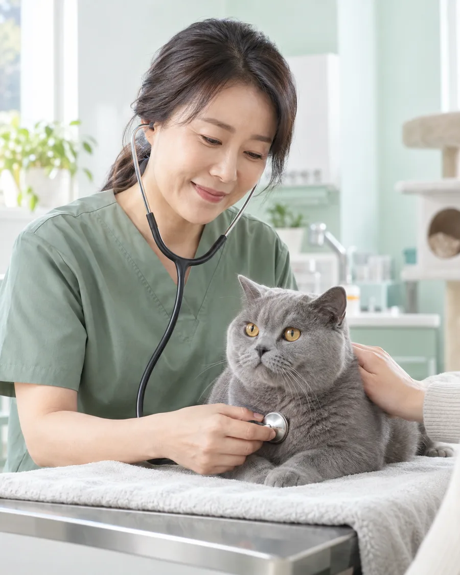 수의사가 고양이 전용 진료실에서 고양이를 청진기로 진찰하는 장면