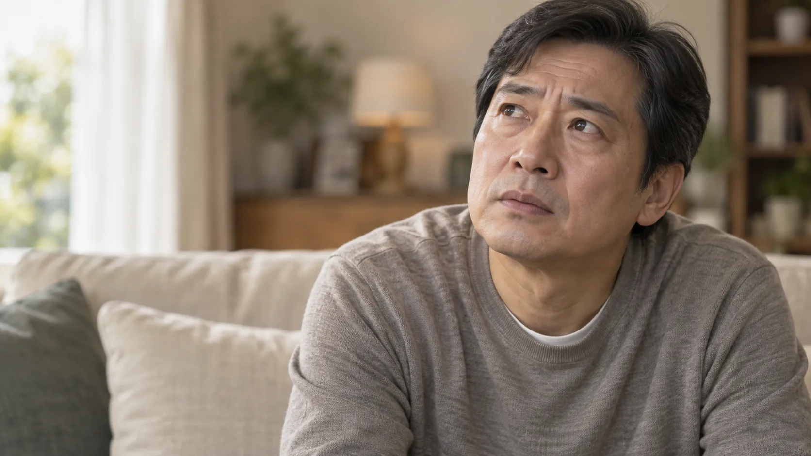 눈앞에 떠다니는 무언가를 바라보는 중년 남성