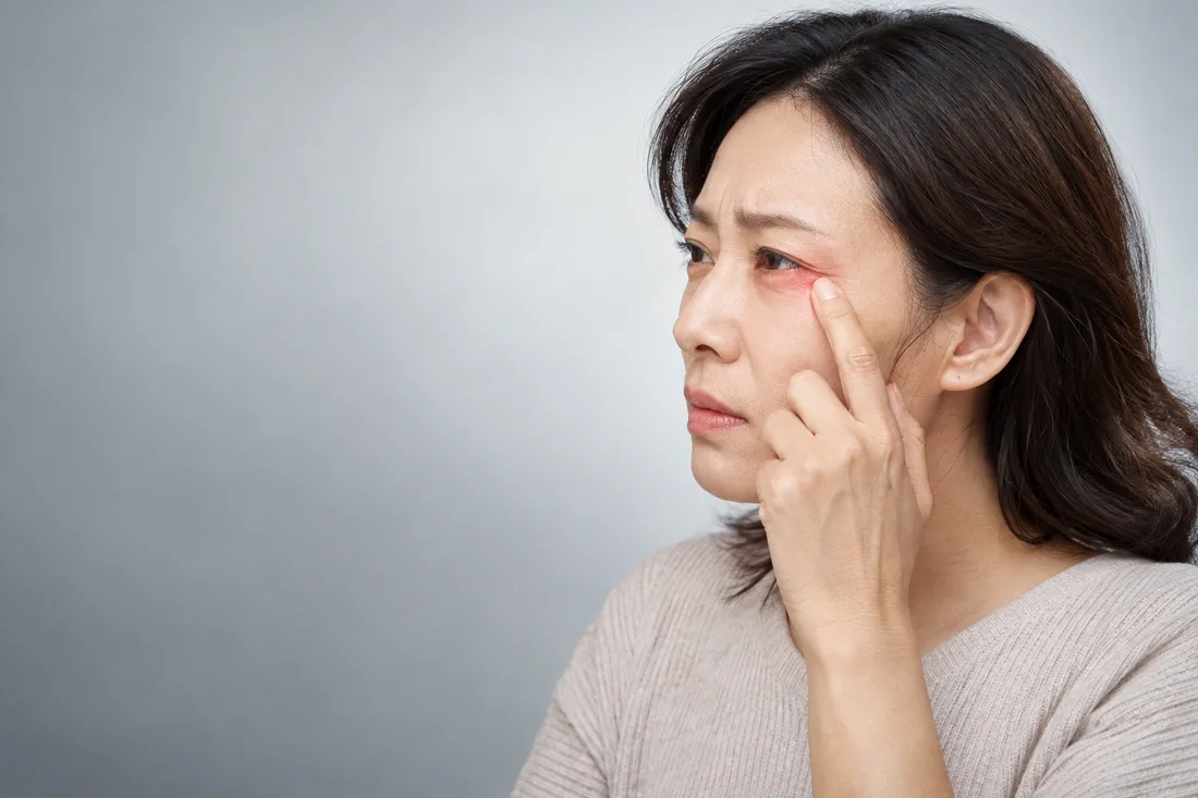 눈가를 손가락으로 누르는 여성